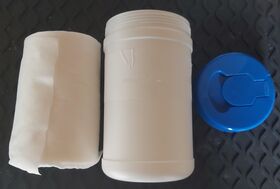 plastic container with dry roll of wipes